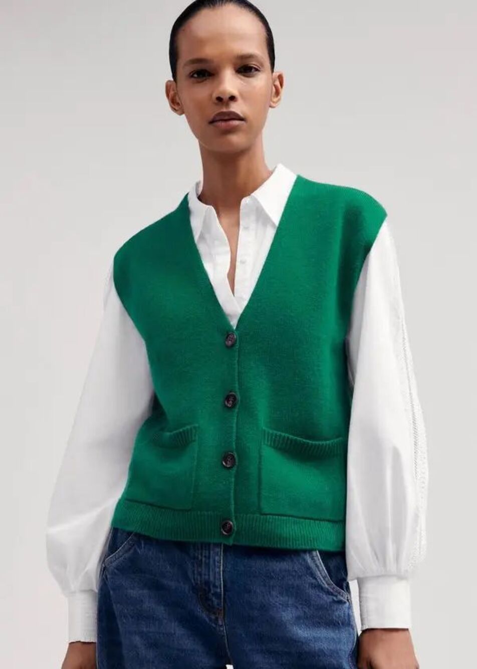 ME + EM Merino Cashmere Button Through V Neck Vest in Orchid Green